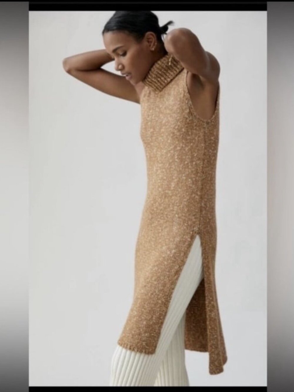 Anthropologie Flowy Maxi Sleeveless Knit Tunic Turtleneck Sweater Camel size S